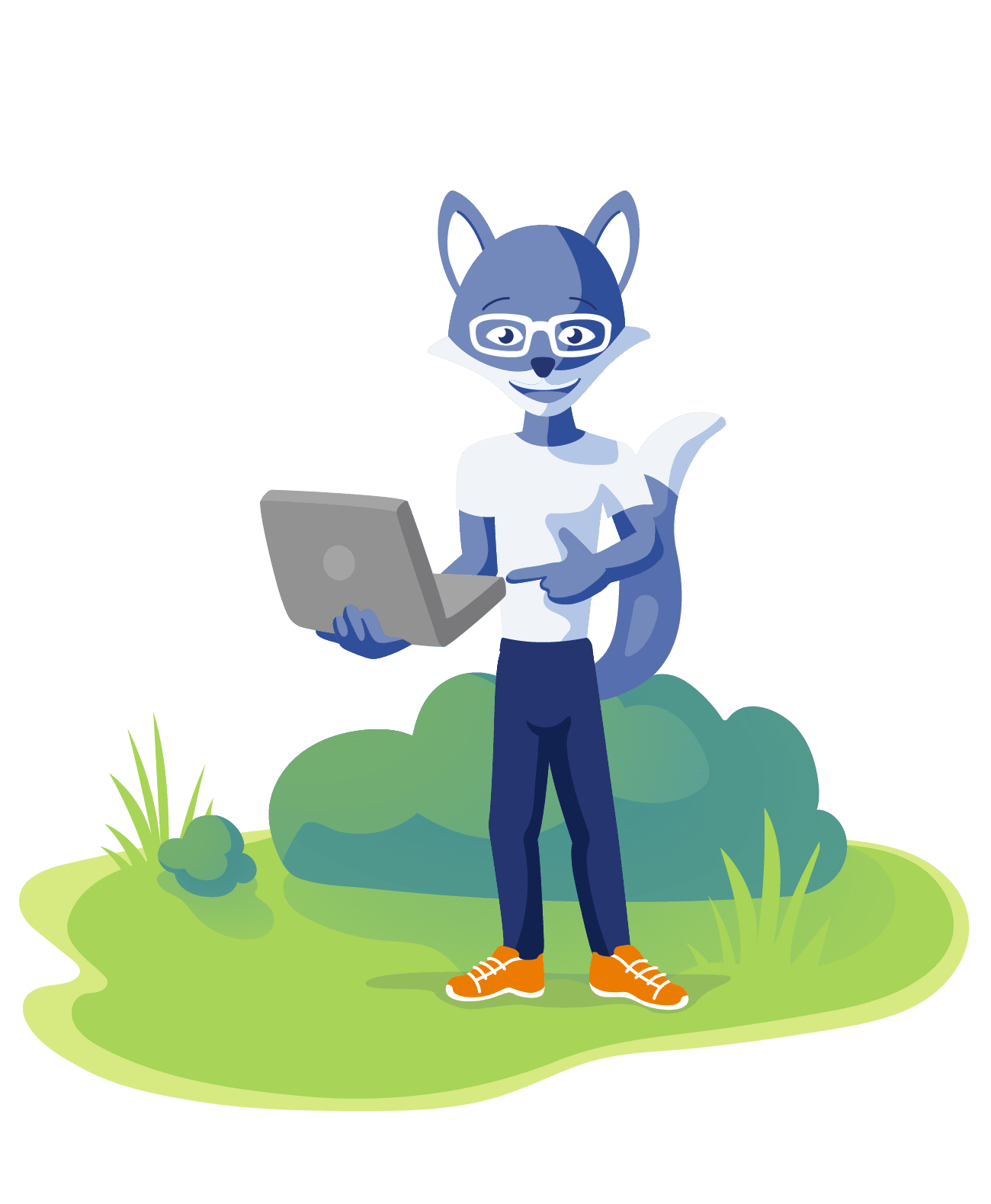 Mascotte renard Foxglove SEO - ordinateur - Foxglove Agence SEO experts seniors