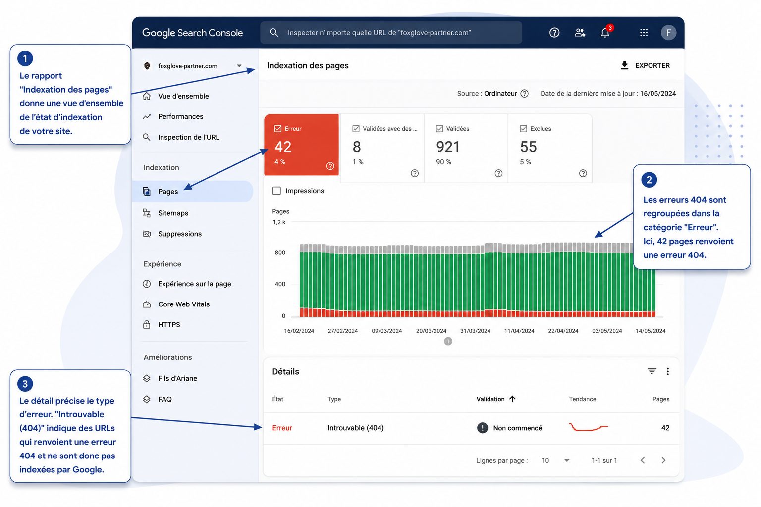 Screenshot rapport Search Console indexation des pages