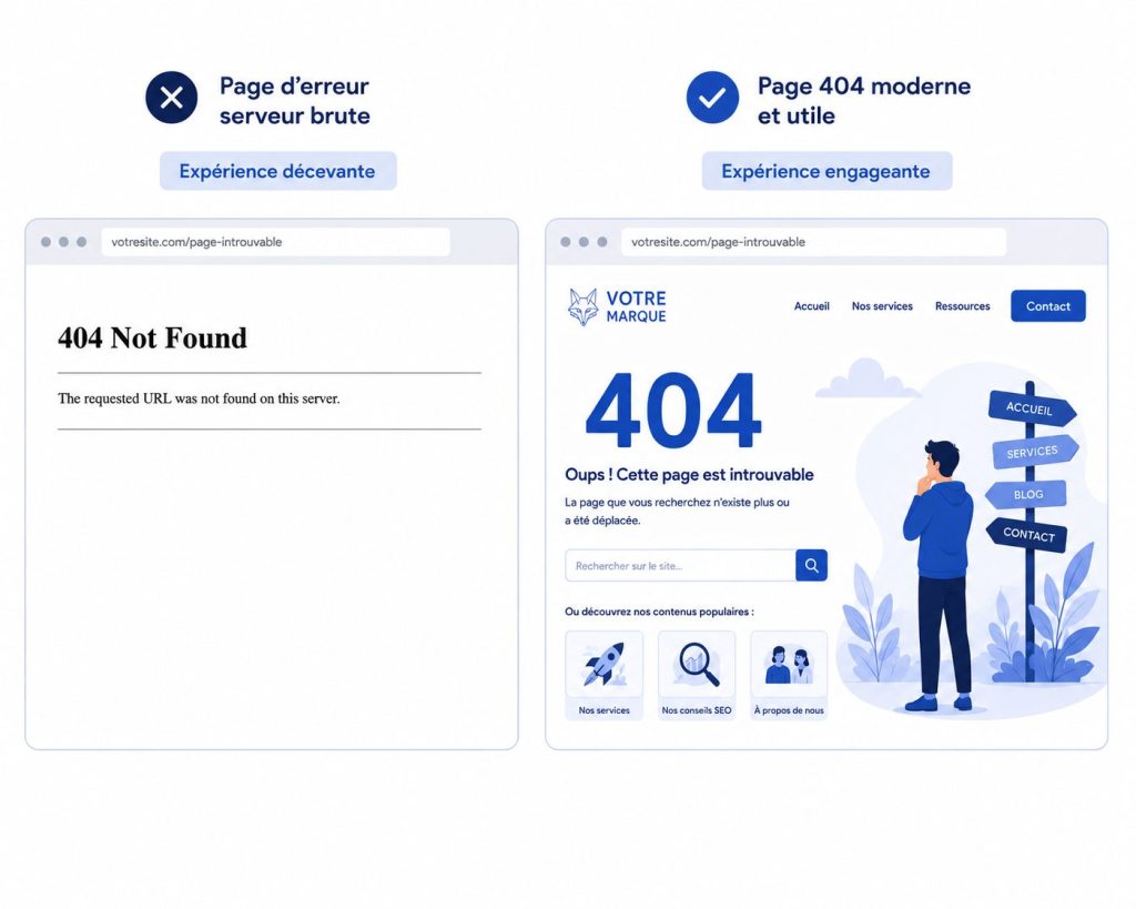 Comparaison 404 avec design et sans design