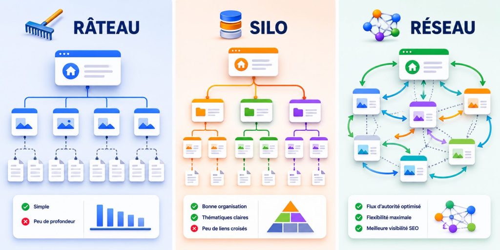 Différence entre structures en râteau, en silo et en réseau