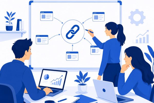 Équipe travaillant sur un projet de backlinks Illustration stratégie de backlinks