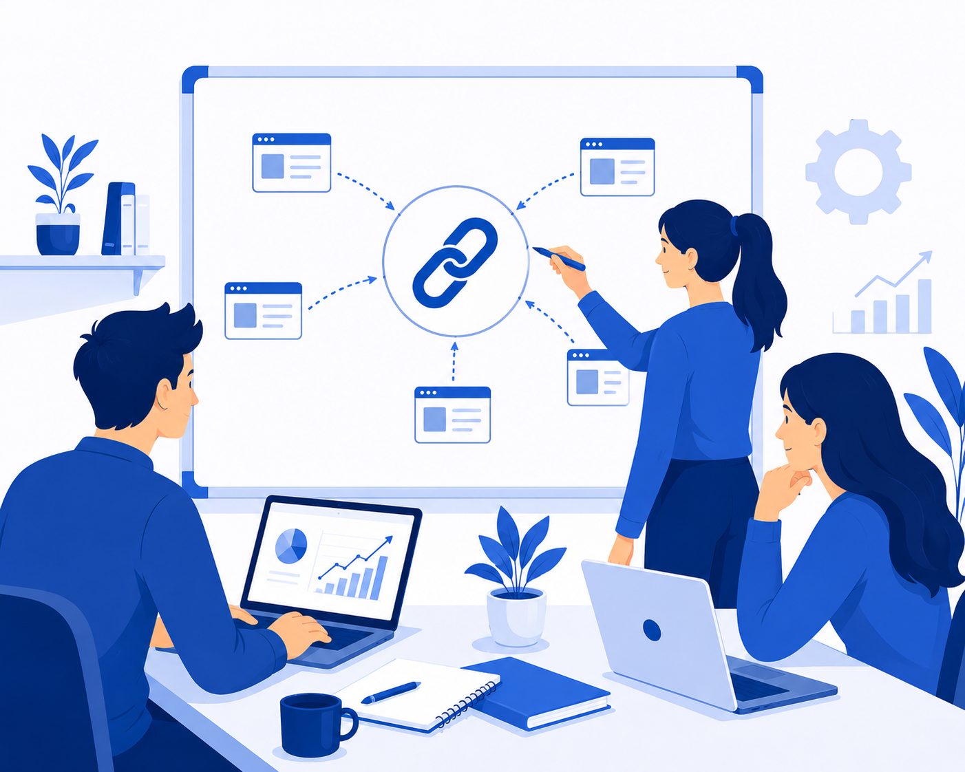 Équipe travaillant sur un projet de backlinks Illustration stratégie de backlinks