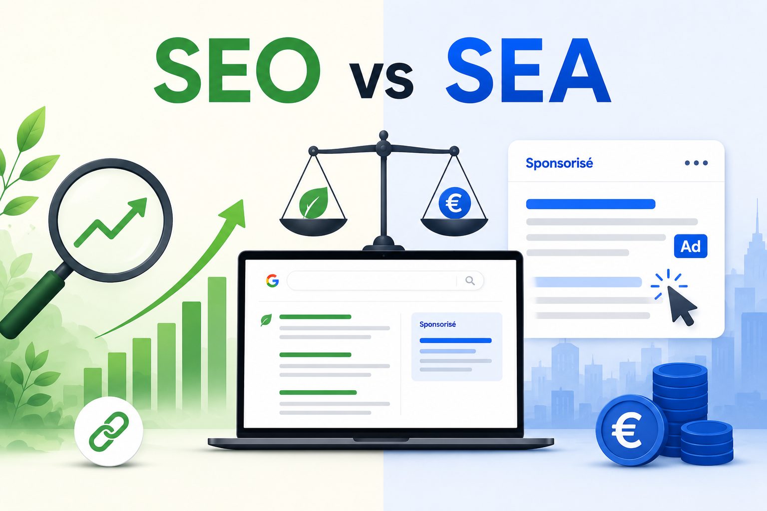 SEO v SEA Image représentant le SEO et le SEA sur un balance
