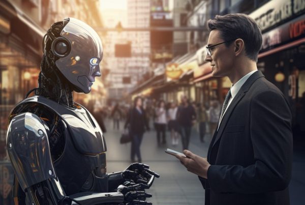 Homme qui discute avec un robot