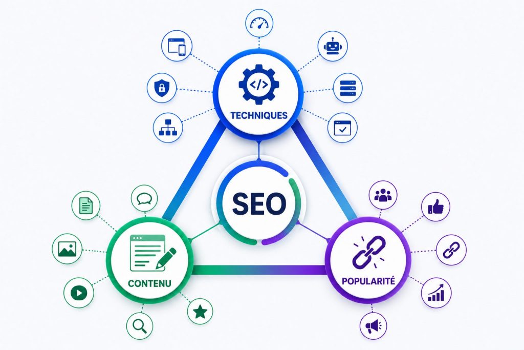 Schéma des 3 piliers :Technique, Contenu et popularité