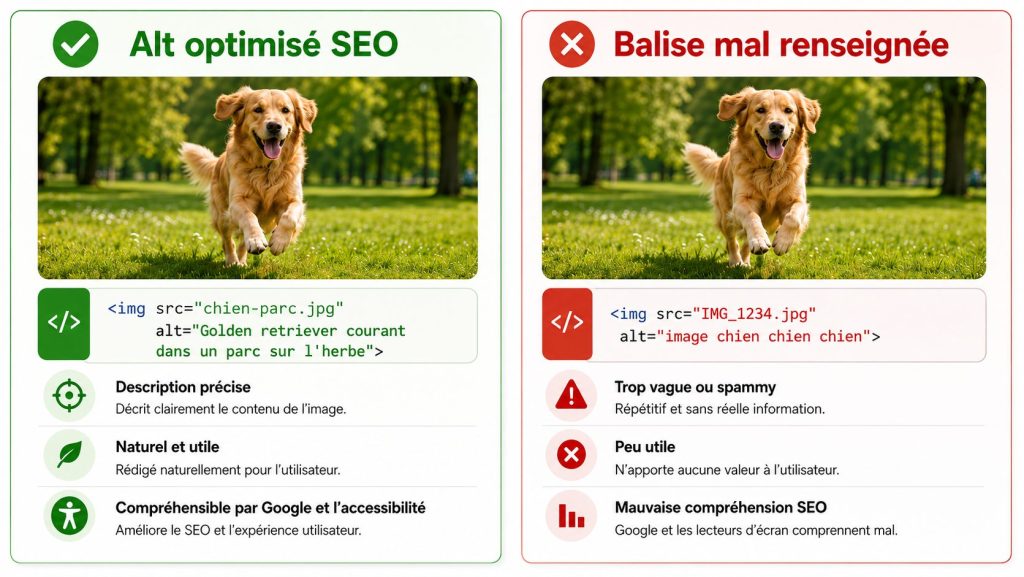 Tableau comparant une balise alt optimisée vs mal renseignée