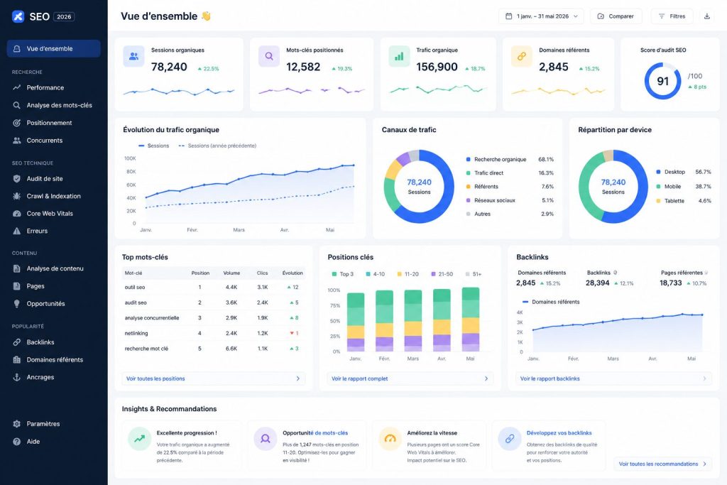 Tableau de bord avec performances SEO
