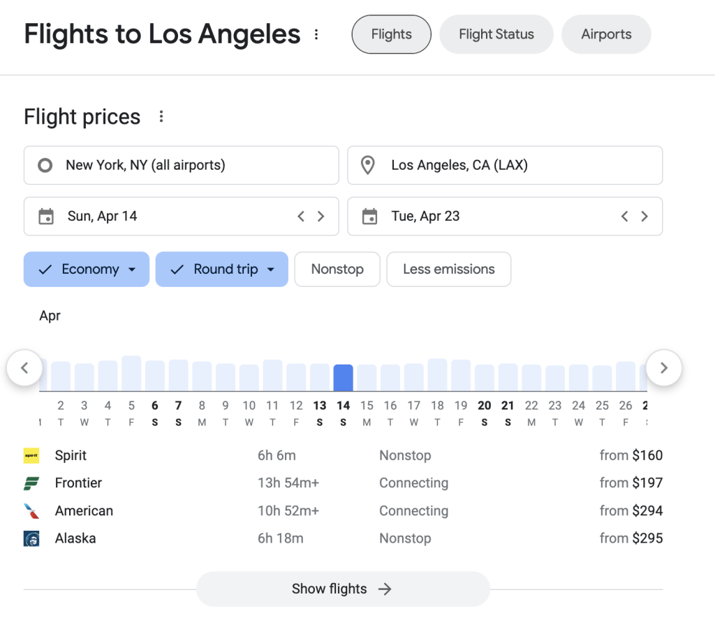 Interface Google Flights
