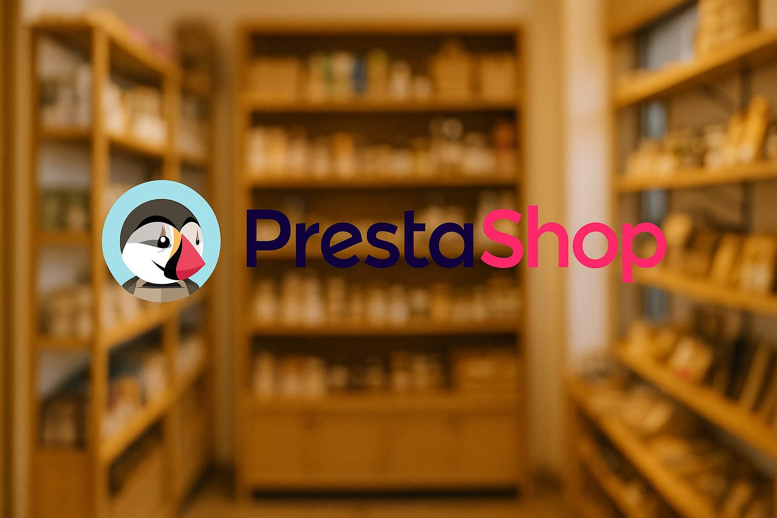 Logo Prestashop devant les rayons d'une boutique