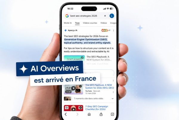 Les AI Overviews (aperçus IA) sont arrivée en France ! Image d'un aperçu IA sur Google via un téléphone