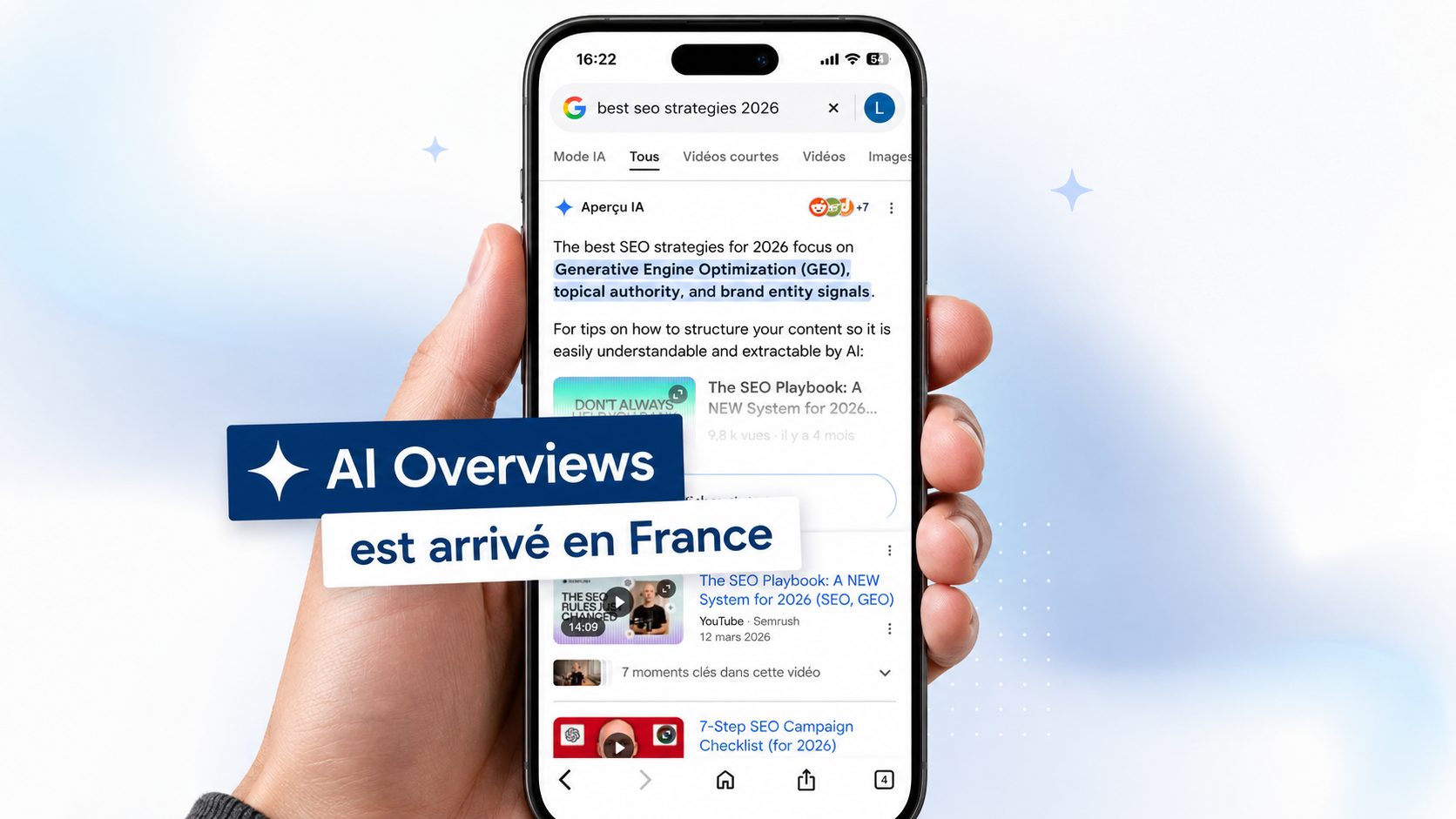 Les AI Overviews (aperçus IA) sont arrivée en France ! Image d'un aperçu IA sur Google via un téléphone