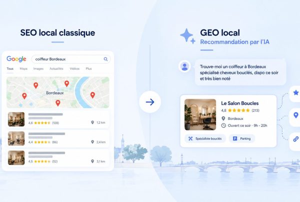Du SEO local au GEO local Image représentant un avant (SEO local) vs un après (GEO local)