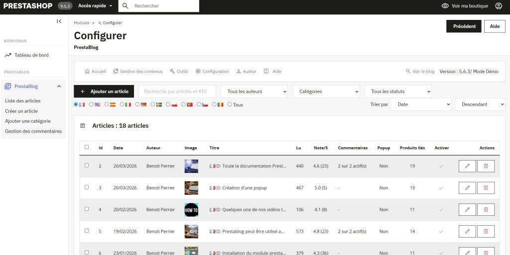 Interface du module PrestaBlog dans le back-office PrestaShop