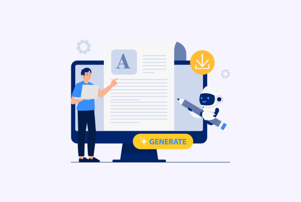 Rédaction de contenu avec l'IA : SEO et GEO Illustration d'un rédacteur et d'un robot IA créant un article sur un ordinateur.