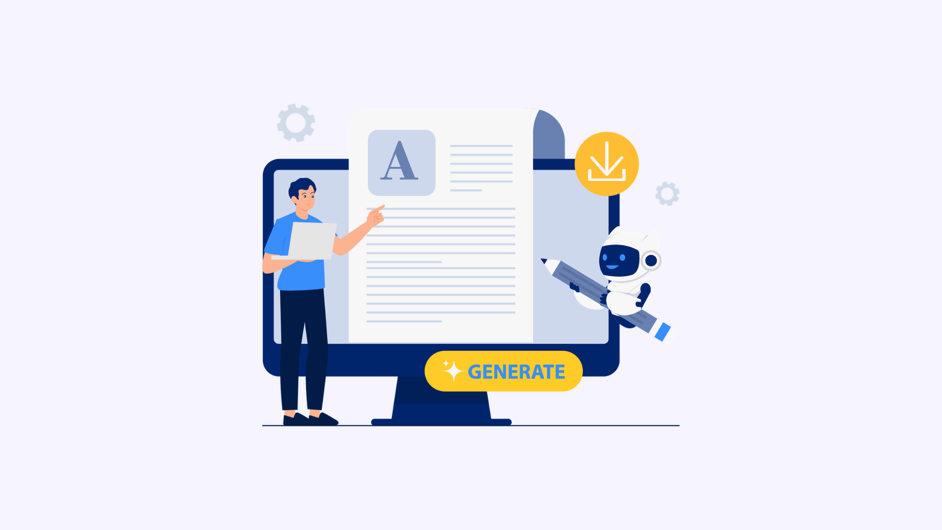 Rédaction de contenu avec l'IA : SEO et GEO Illustration d'un rédacteur et d'un robot IA créant un article sur un ordinateur.